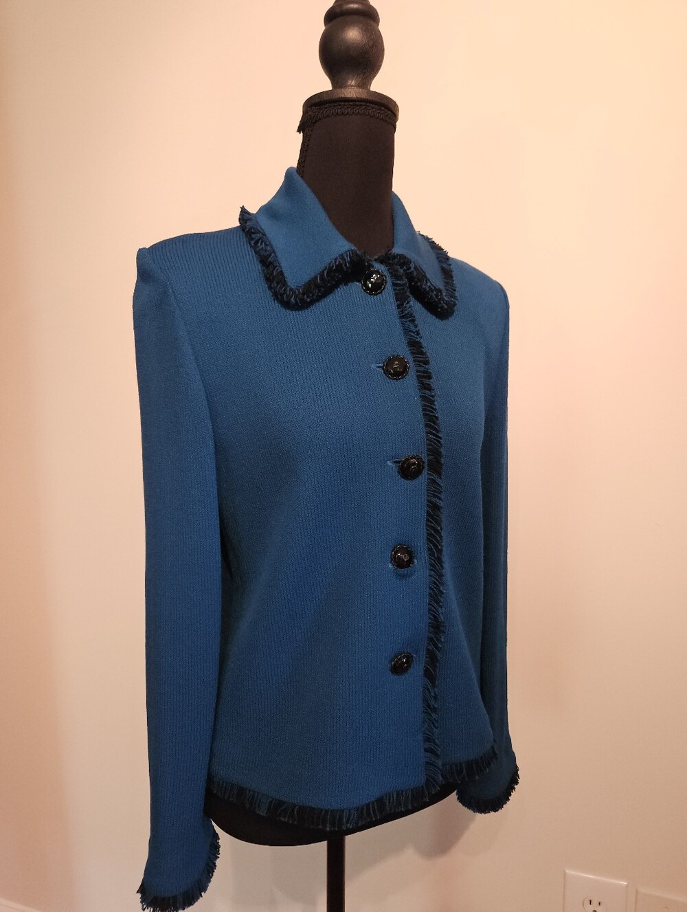 St John Classic Teal Women's Knit Jacket With Fringe Collar